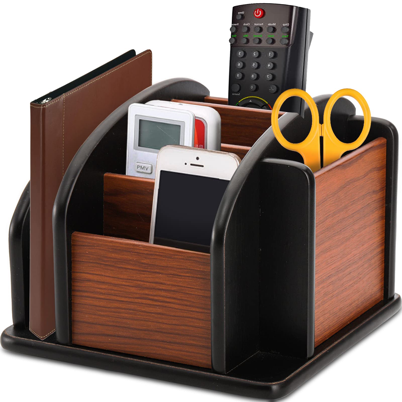 Deayou Wood Remote Control Holder For Table, Revolving Office Desktop Organizer For Pen, Pencil, Mail, Desk, Home